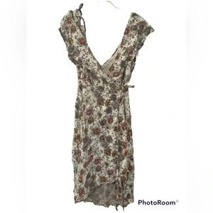 BLACK tape  floral wrap summer dress with one tie sleeve